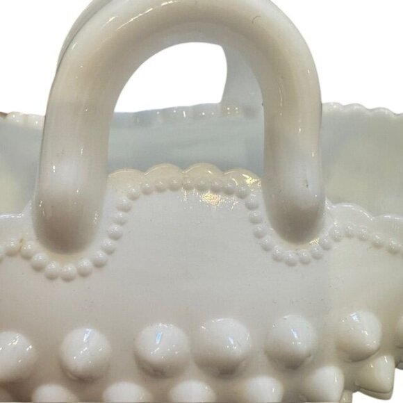 White Hobnail Milk Glass Mini Basket With Handle & Scalloped Edge - Picture 7 of 8